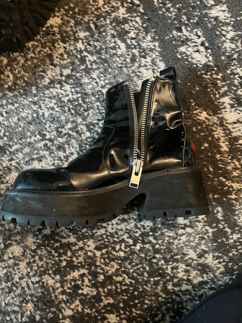 UNIF Black Patent Chunky Platform Ankle Boots with Side Zips - Picture 7 of 14